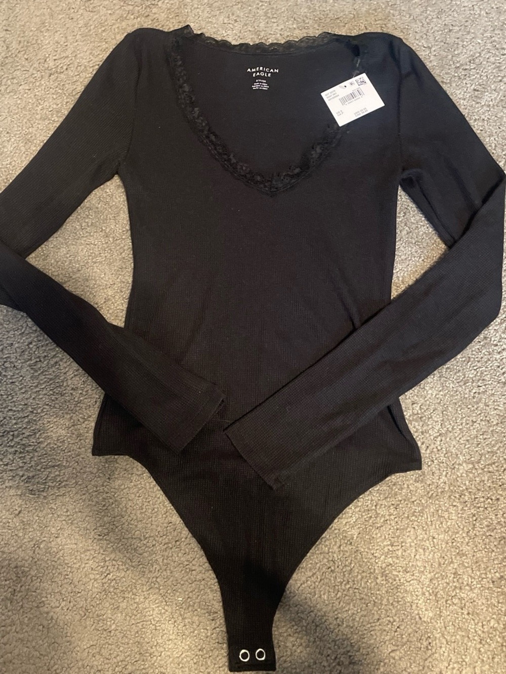American Eagle Outfitters Black Lace-Trim Ribbed Long Sleeve Bodysuit